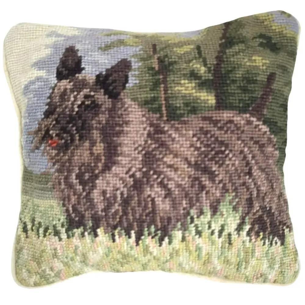 Vintage Terrier Needlepoint Pillow Brown Green Wool Velvet Back Zip Off 8x8 READ